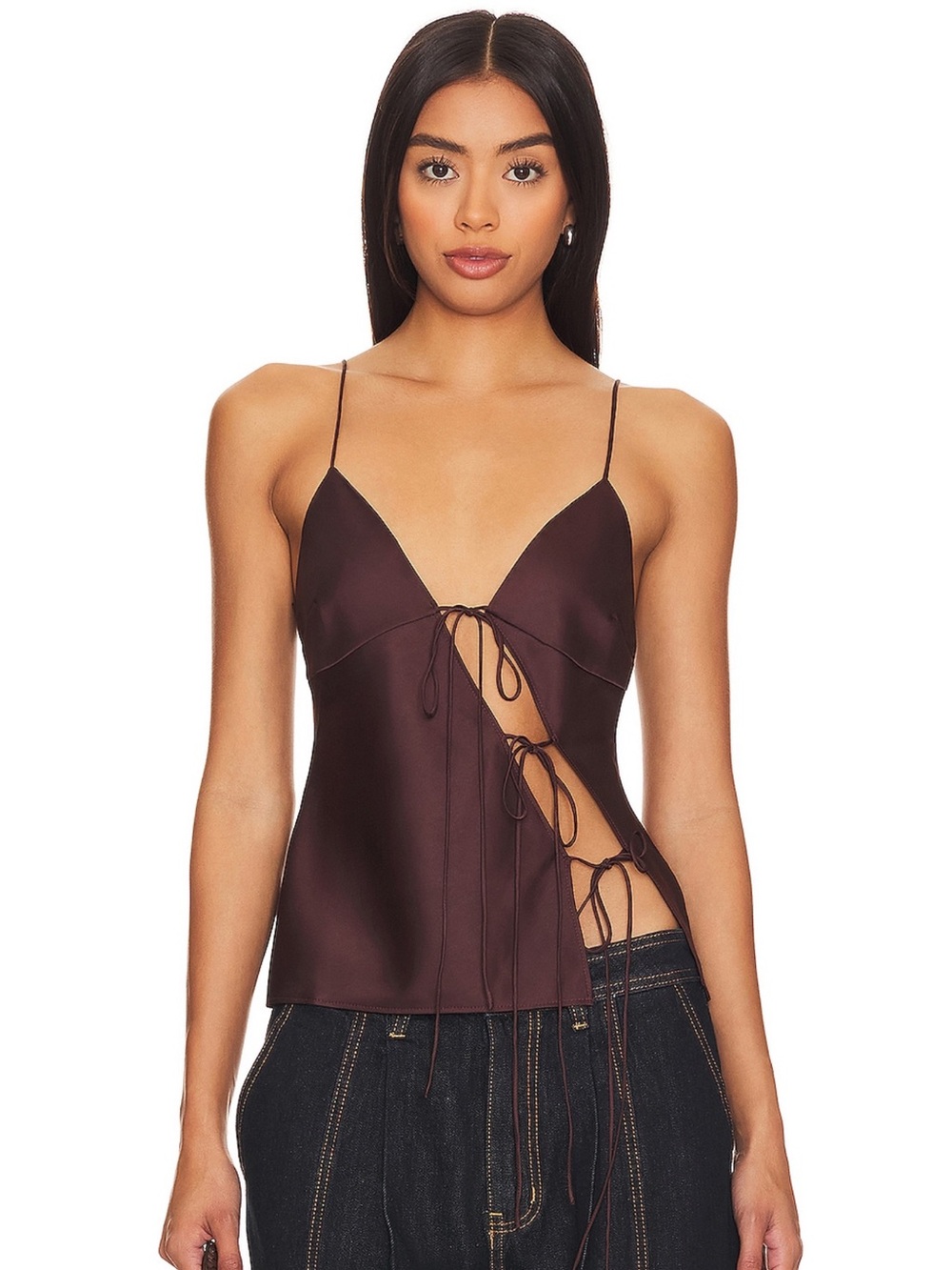 Lioness Silky Brown Lace-Up Spaghetti Strap Tank Top